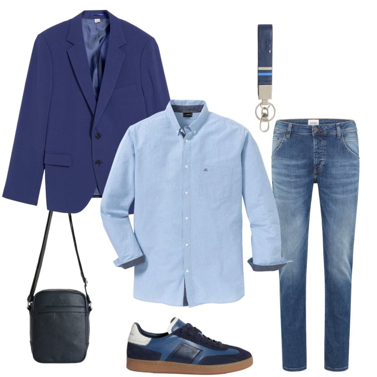 Outfit uomo - Blue Shades Business Casual. Stile Urban per Tutti i giorni. Abbinamento con giacche, camicie, jeans dritti, sneakers, portachiavi, borse sportive.