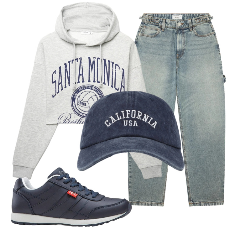 Outfit donna - Total look #2361488. Stile Casual per Scuola/Università. Abbinamento con sneakers, jeans, felpe con cappuccio, cappelli con visiera.