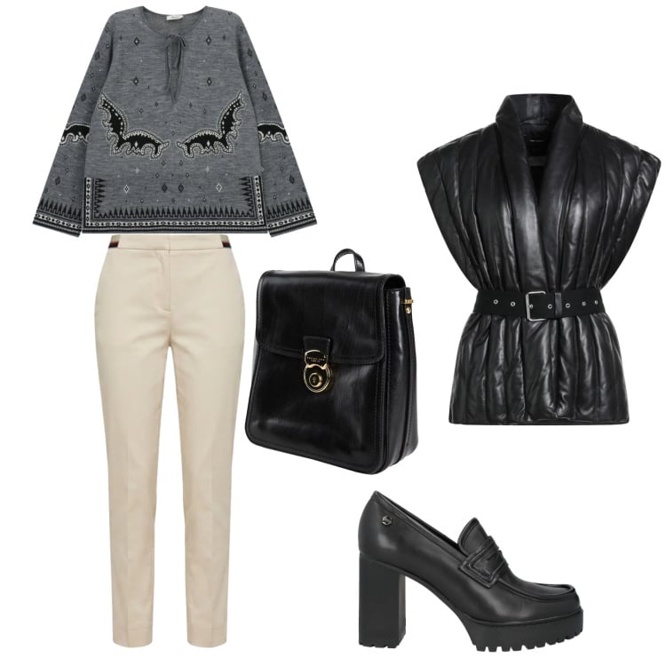 Outfit donna - Totallook. Stile Glamour per Scuola/Università. Abbinamento con zaini, mocassini, cinture, pantaloni chino, maglieria.