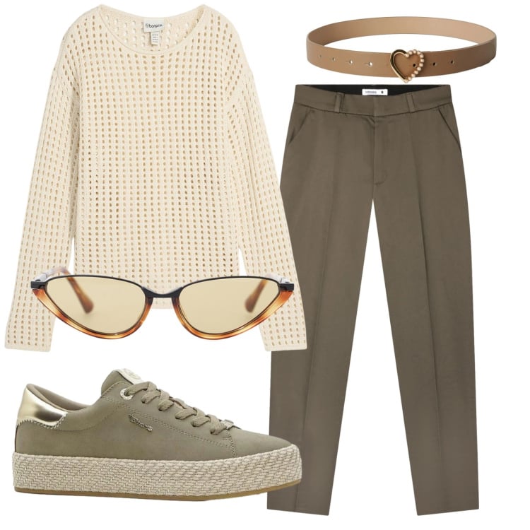 Outfit donna - Total look #2361495. Stile Basic per Ufficio. Abbinamento con maglieria, sneakers, pantaloni chino, cinture, occhiali da sole.