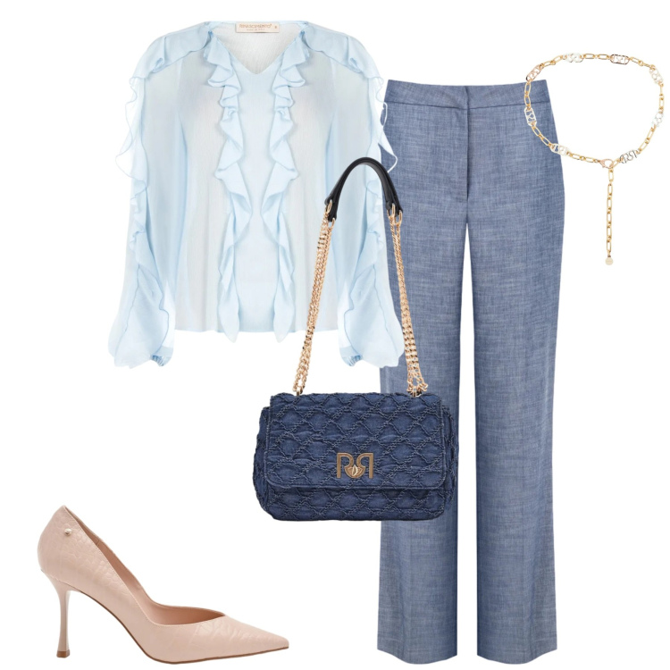 Outfit donna - Azzurro cielo. Stile Urban per Tutti i giorni. Abbinamento con bluse, cinture, décolleté, pantaloni, borse a spalla.