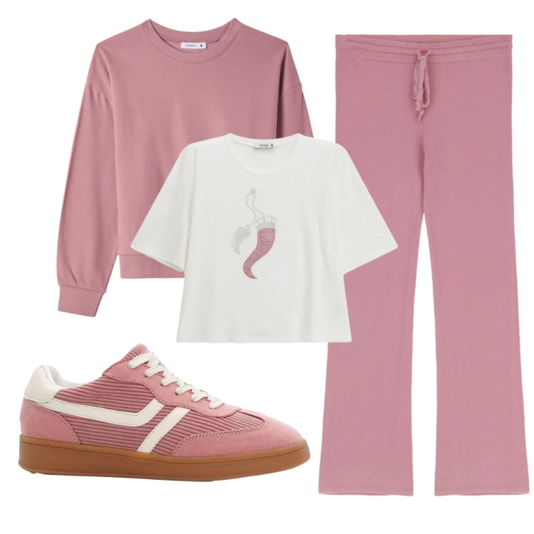 Outfit donna - Total look #2361503. Stile Casual per Sport. Abbinamento con sneakers, pantaloni a palazzo, felpe, t-shirt.