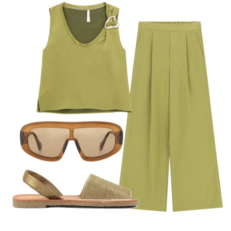 Outfit donna - Total look #2361506. Stile Basic per Ufficio. Abbinamento con occhiali da sole, top, pantaloni a palazzo, sandali in pelle.