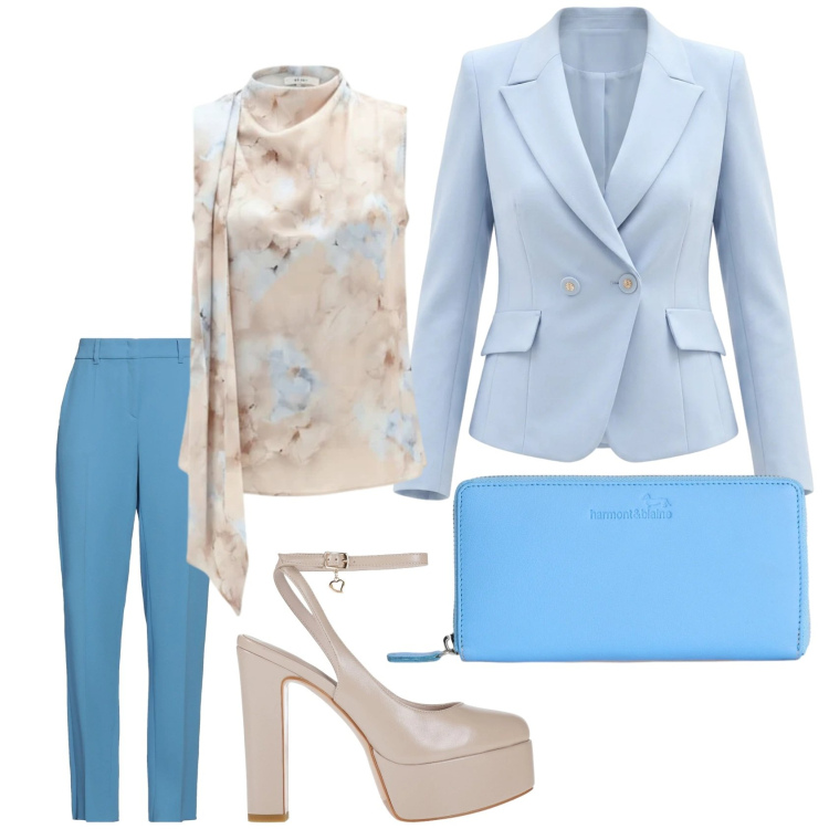 Outfit donna - Cerimonia marzolina. Stile Chic per Cerimonia. Abbinamento con pantaloni, décolleté, portafogli, top, blazer.