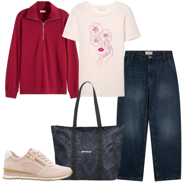 Outfit donna - La felpa oversize bordeaux. Stile Sporty chic per Tutti i giorni. Abbinamento con sneakers, felpe, jeans, t-shirt, shopping bag.