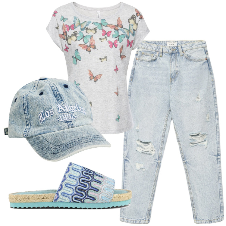Outfit donna - Azzurrina. Stile Casual per Tutti i giorni. Abbinamento con maglieria, cappelli con visiera, jeans mom, ciabatte.