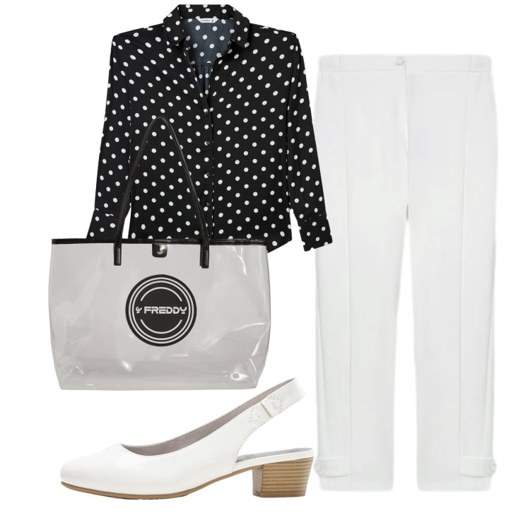 Outfit donna - Total look #2361530. Stile Bon Ton per Ufficio. Abbinamento con décolleté, camicie, pantaloni, shopping bag.