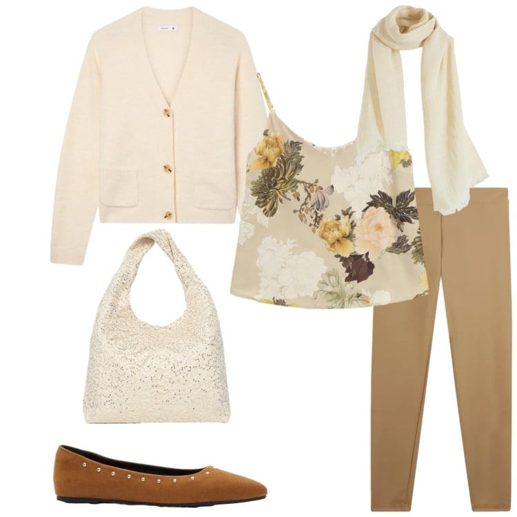 Outfit donna - Total look #2361531. Stile Bon Ton per Tutti i giorni. Abbinamento con sciarpe, ballerine, cardigans, borse a spalla, top, leggings.