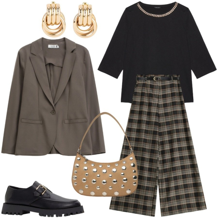 Outfit donna - In ufficio. Stile Mannish per Ufficio. Abbinamento con mocassini, orecchini, borse a tracolla, pantaloni a palazzo, bluse, blazer.