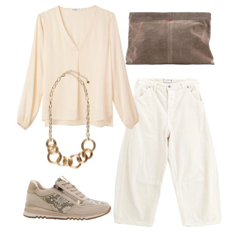 Outfit donna - Primavera che valorizza - Focus Donna Cu. Stile Basic per Tutti i giorni. Abbinamento con sneakers, bluse, collane, pantaloni, pochette.