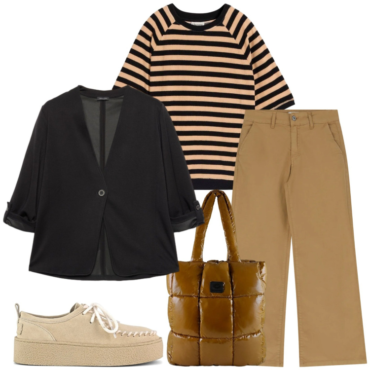 Outfit donna - Total look #2361536. Stile Casual chic per Tutti i giorni. Abbinamento con maglieria, blazer, jeans, shopping bag, mocassini.