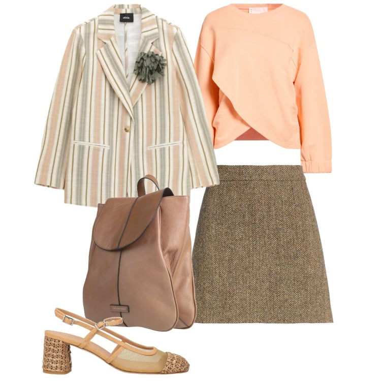 Outfit donna - Primavera che valorizza - Focus Donna Cu. Stile Bon Ton per Ufficio. Abbinamento con minigonne, felpe, zaini, décolleté, blazer.