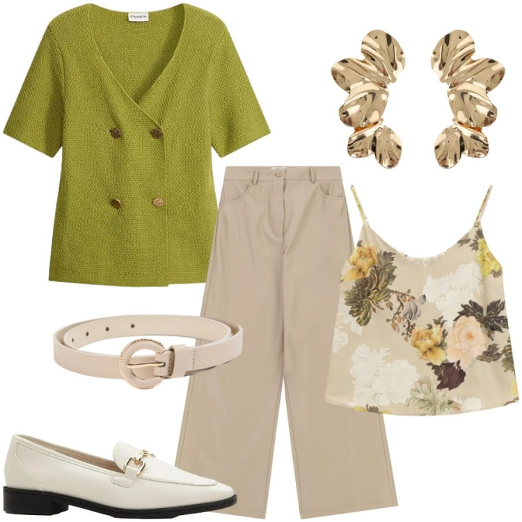 Outfit donna - Total look #2361540. Stile Casual chic per Ufficio. Abbinamento con mocassini, cardigans, cinture, top, pantaloni a palazzo, orecchini.