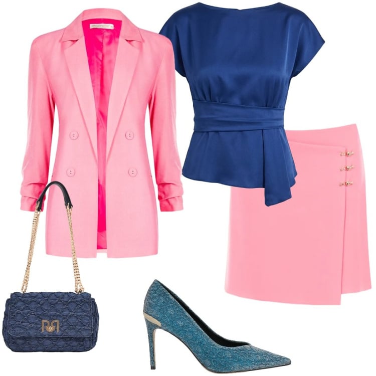 Outfit donna - Primavera curvy. Stile Chic per Cerimonia. Abbinamento con décolleté, bluse, minigonne, blazer, borse a spalla.