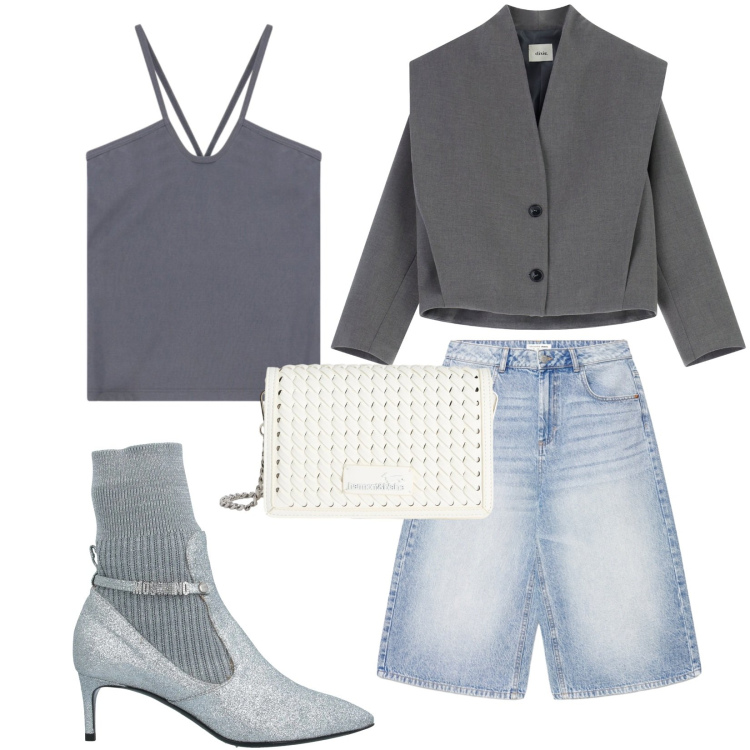 Outfit donna - Total look #2361546. Stile Trendy per Serata fuori. Abbinamento con stivaletti, borse a tracolla, top, pantaloni corti, blazer.