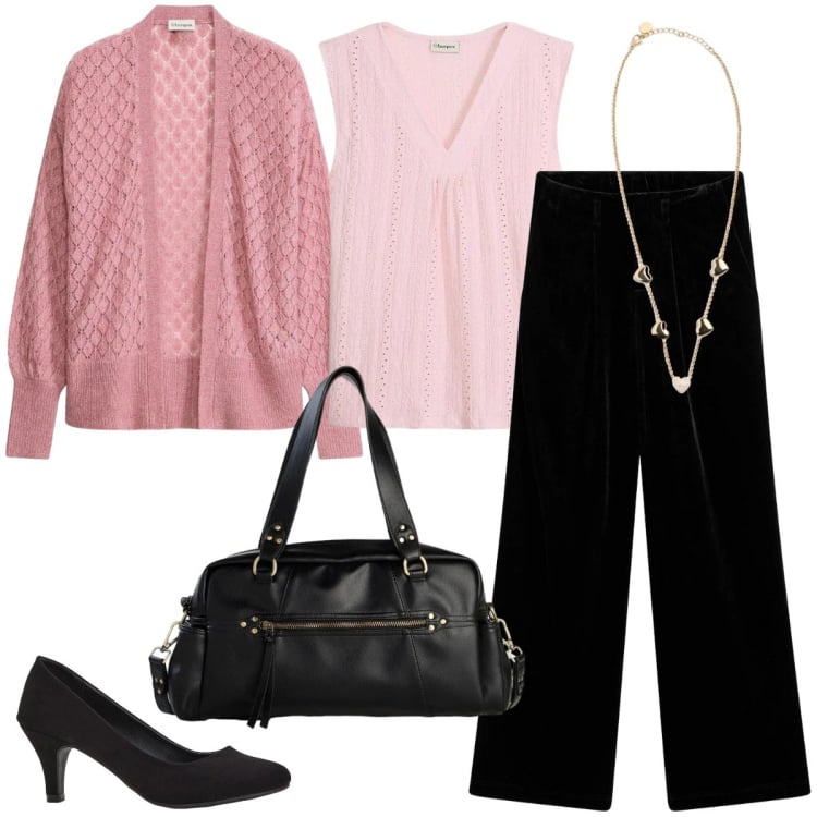 Outfit donna - Elegante in ufficio. Stile Casual chic per Ufficio. Abbinamento con cardigans, borse a mano, décolleté, pantaloni, top, collane.