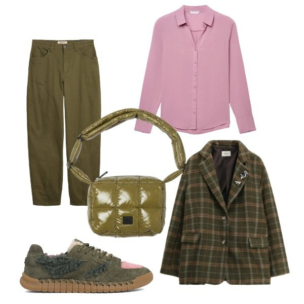 Outfit donna - verde e rosa. Stile Casual chic per Tutti i giorni. Abbinamento con pantaloni, camicie, blazer, borse a spalla, sneakers.