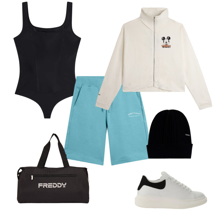Outfit donna - Freddy wow. Stile Trendy per Sport. Abbinamento con sneakers, body, felpe, berretti, borse sportive, pantaloni corti.