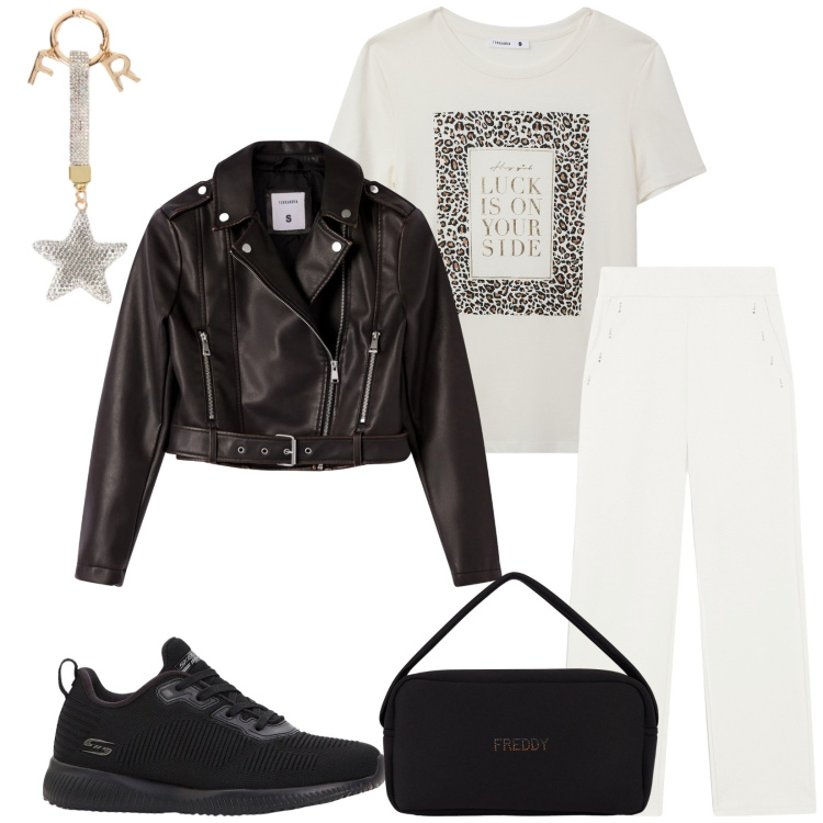 Outfit donna - Total look #2361560. Stile Sporty chic per Tutti i giorni. Abbinamento con sneakers, t-shirt, giacche, portachiavi, pantaloni, borse a mano.