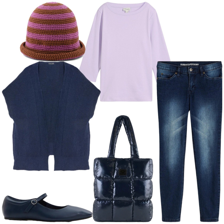 Outfit donna - Total look #2361562. Stile Casual chic per Tutti i giorni. Abbinamento con maglieria, jeans skinny, ballerine, gilet, shopping bag, cappelli.