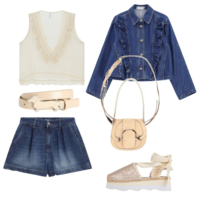 Outfit donna - Pomeriggio a Roma. Stile Glamour per Tutti i giorni. Abbinamento con marsupi, décolleté, cinture, top, blazer, shorts.