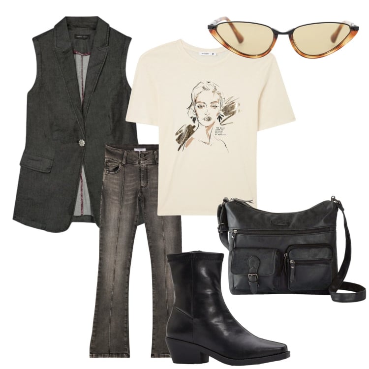 Outfit donna - Denim nero. Stile Vintage retrò per Tutti i giorni. Abbinamento con borse a tracolla, stivaletti, occhiali da sole, t-shirt, jeans, gilet.