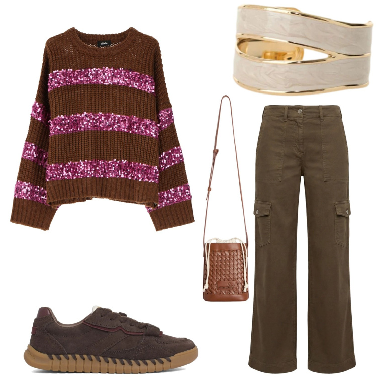 Outfit donna - Total look #2361569. Stile Casual per Tutti i giorni. Abbinamento con borse a secchiello, pantaloni cargo, maglieria, anelli, sneakers.