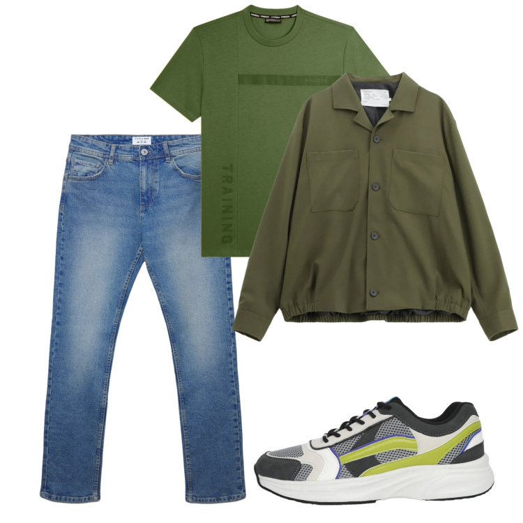Outfit uomo - Marzo. Stile Casual per Tutti i giorni. Abbinamento con cappotti, jeans dritti, sneakers, t-shirt.