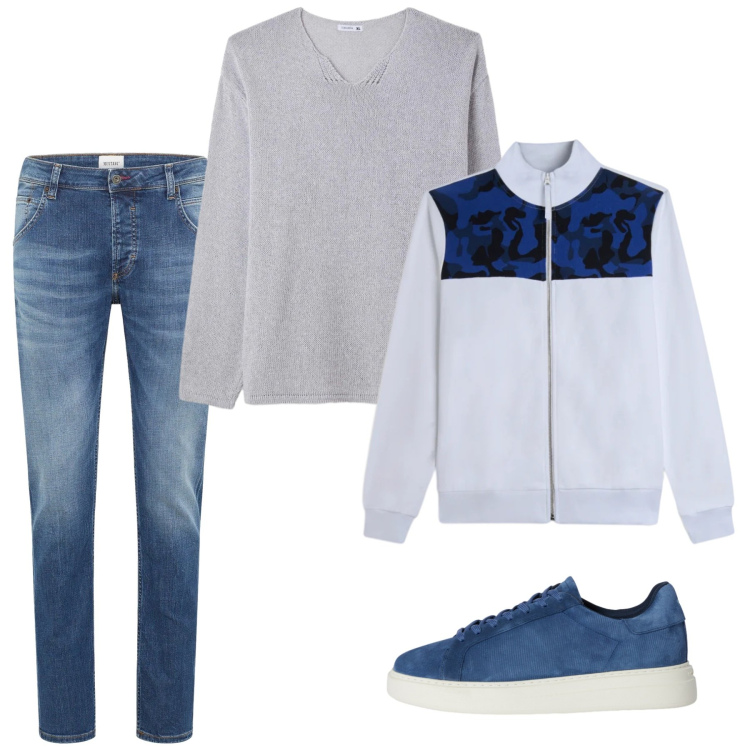 Outfit uomo - Marzo. Stile Casual per Tutti i giorni. Abbinamento con jeans dritti, sneakers, maglieria, felpe.