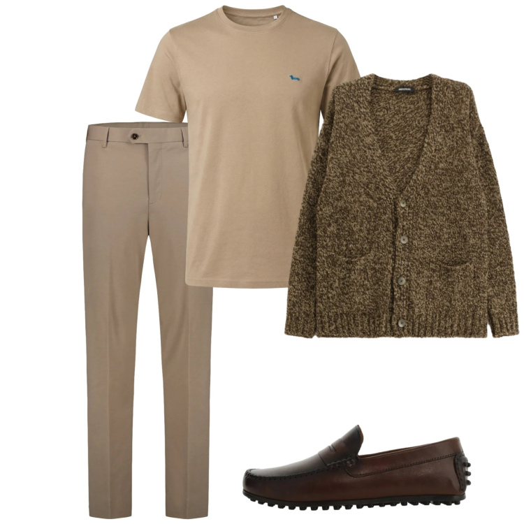 Outfit uomo - Brown. Stile Casual per Tutti i giorni. Abbinamento con t-shirt, cardigans, scarpe stringate, pantaloni.