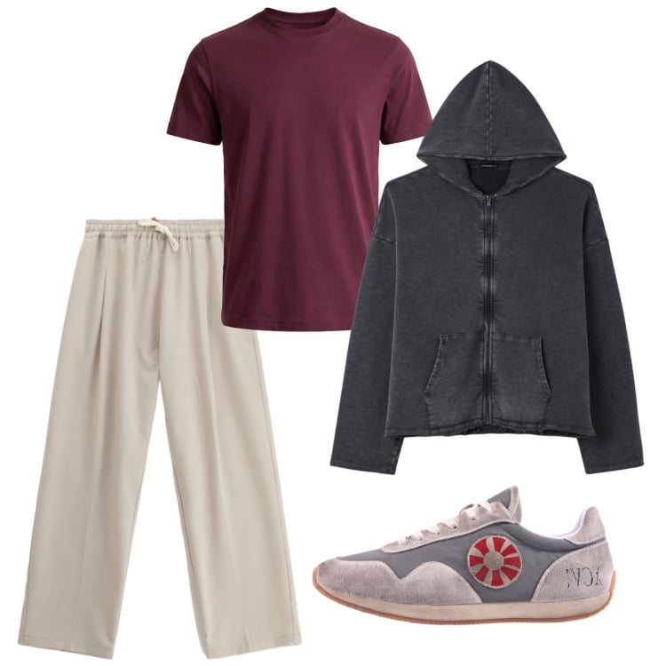 Outfit uomo - Primavera. Stile Casual per Tutti i giorni. Abbinamento con t-shirt, pantaloni, felpe con cappuccio, sneakers.