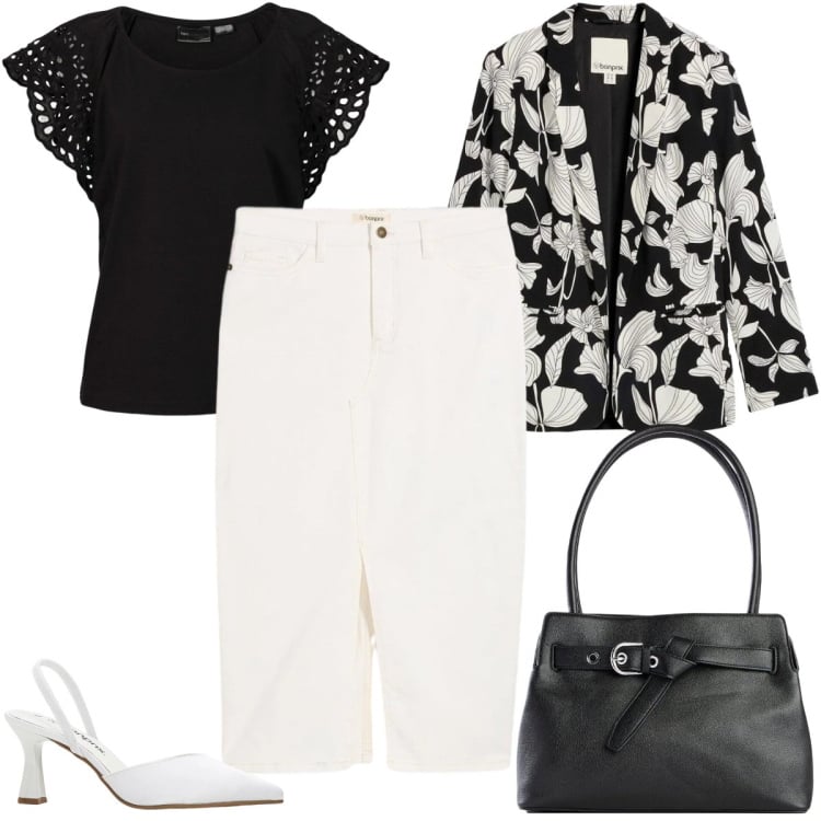 Outfit donna - Total look #2361593. Stile Bon Ton per Ufficio. Abbinamento con maglieria, borse a mano, décolleté, gonne longuette, blazer.