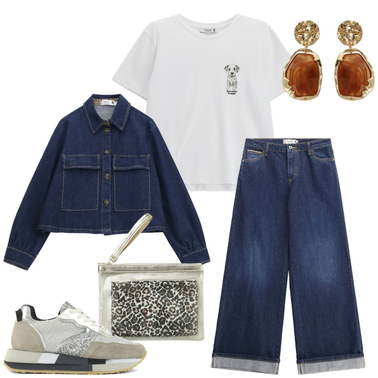 Outfit donna - Total look #2361594. Stile Casual per Scuola/Università. Abbinamento con pochette, orecchini, t-shirt, jeans, blazer, sneakers.