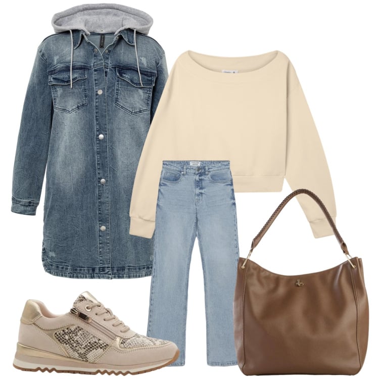 Outfit donna - Denim blu chiaro. Stile Casual per Tutti i giorni. Abbinamento con blazer, sneakers, borse a tracolla, felpe, jeans bootcut.