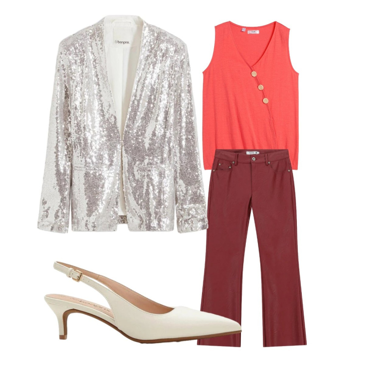 Outfit donna - Luccicosa serata dance. Stile Glamour per Serata fuori. Abbinamento con top, décolleté, blazer, pantaloni.