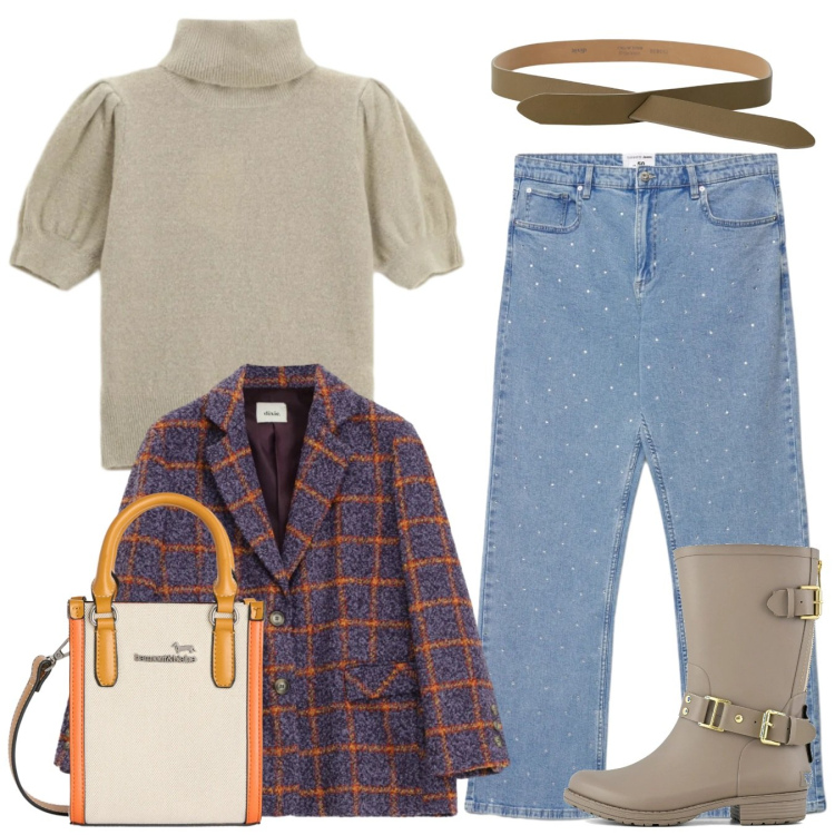 Outfit donna - Total look #2361601. Stile Casual chic per Tutti i giorni. Abbinamento con borse tote, jeans dritti, cinture, maglieria, blazer, stivali.