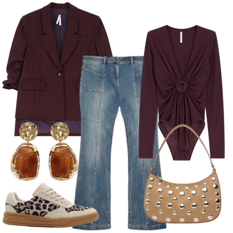 Outfit donna - Styling primaverile. Stile Casual chic per Tutti i giorni. Abbinamento con sneakers, borse a tracolla, bluse, blazer, jeans, orecchini.