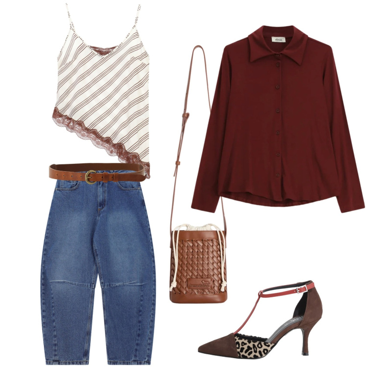 Outfit donna - Single lady. Stile Trendy per Tutti i giorni. Abbinamento con borse a secchiello, camicie, décolleté, jeans, cinture, top.