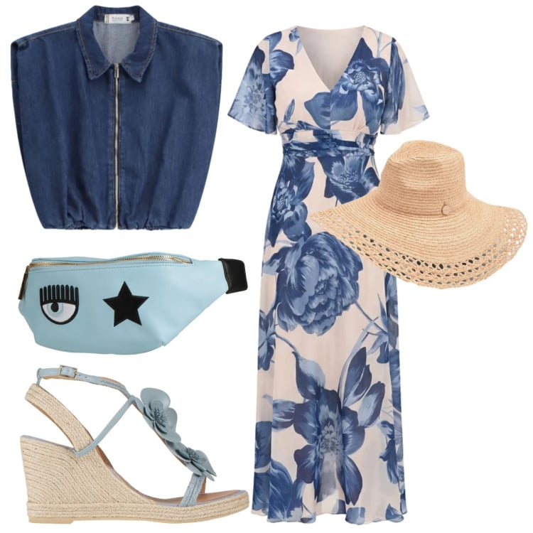 Outfit donna - Leggera. Stile Boho per Tutti i giorni. Abbinamento con marsupi, espadrillas, gilet, vestiti lunghi, cappelli.