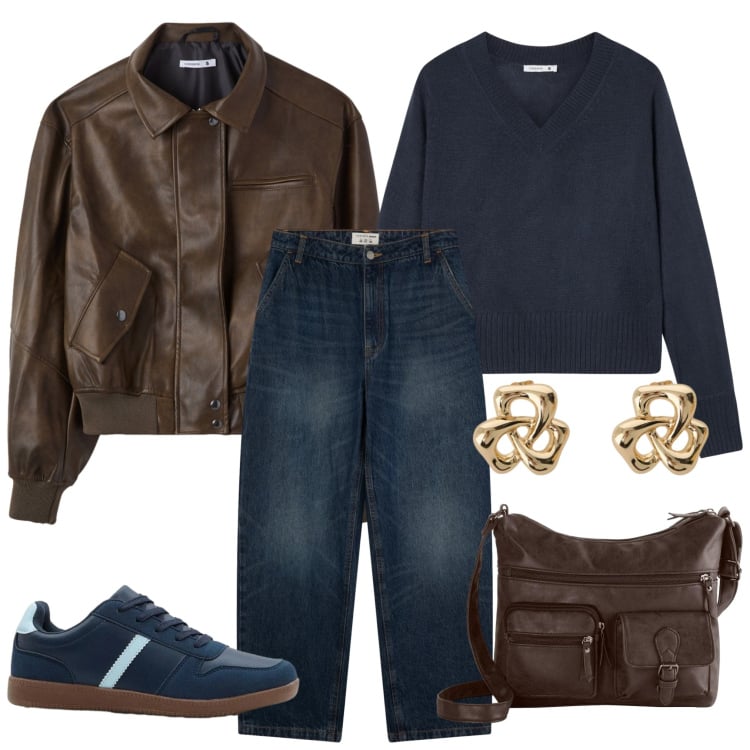 Outfit donna - Styling primaverile casual. Stile Sporty chic per Tutti i giorni. Abbinamento con sneakers, borse a tracolla, giacche, jeans, maglieria, orecchini.