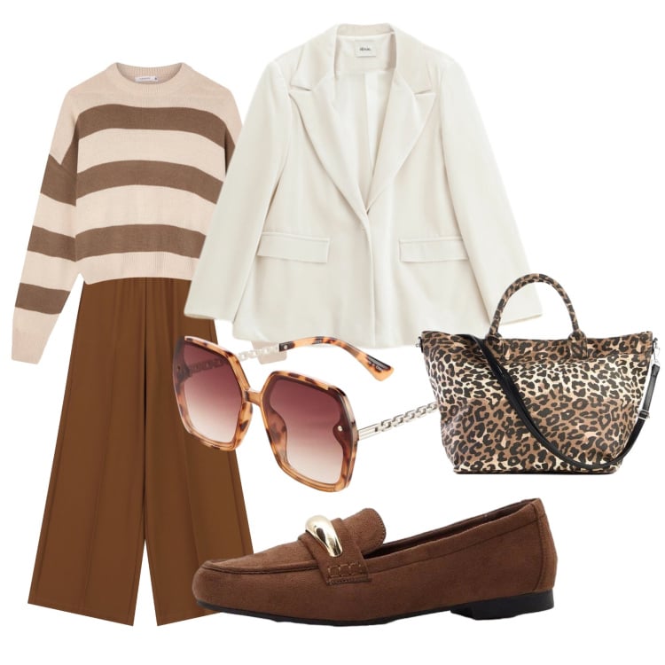 Outfit donna - La bella stagione. Stile Casual per Ufficio. Abbinamento con occhiali da sole, mocassini, shopping bag, maglieria, pantaloni a palazzo, blazer.