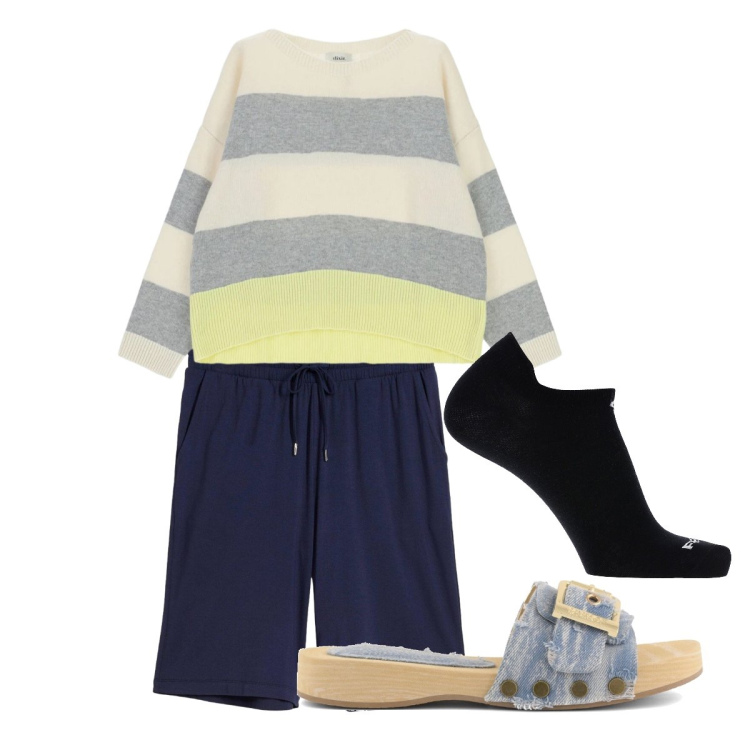 Outfit donna - Maxi righe inverno a casa. Stile Trendy per Tutti i giorni. Abbinamento con bermuda, maglieria, calzini, ciabatte.