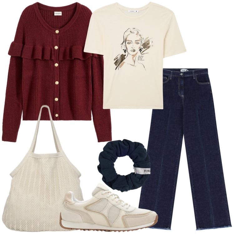 Outfit donna - Per tutte le occasioni. Stile Basic per Tutti i giorni. Abbinamento con cardigans, sneakers alte, t-shirt, shopping bag, accessori per capelli, jeans.