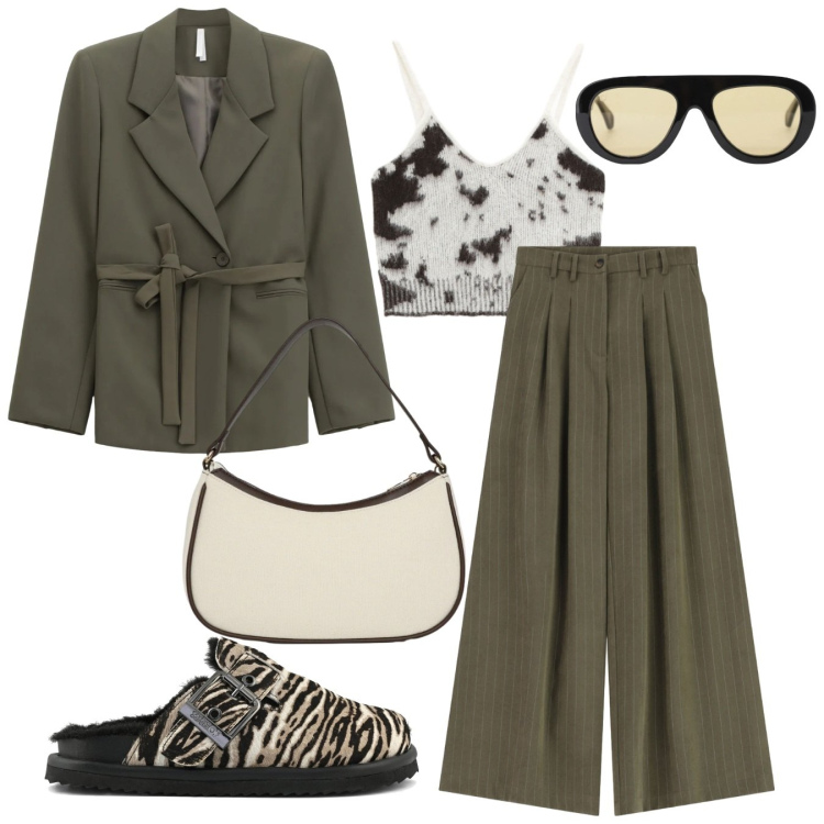 Outfit donna - Fluidità. Stile Trendy per Tutti i giorni. Abbinamento con borse a tracolla, occhiali da sole, top, blazer, pantaloni a palazzo, sabot.