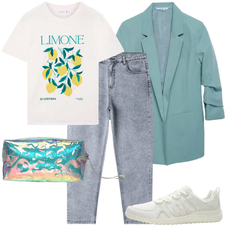 Outfit donna - Aria di primavera. Stile Casual per Tutti i giorni. Abbinamento con sneakers, t-shirt, jeans mom, blazer, pochette.