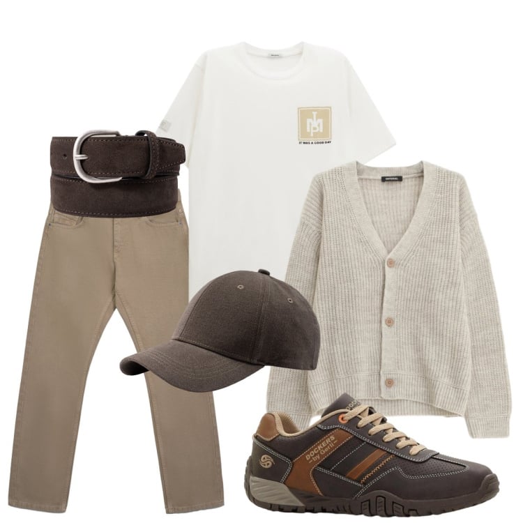 Outfit uomo - Total look #2361655. Stile Casual per Tutti i giorni. Abbinamento con sneakers, t-shirt, cardigans, jeans, cinture, cappelli con visiera.