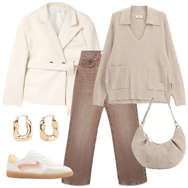 Outfit donna - Styling primaverile casual. Stile Sporty chic per Tutti i giorni. Abbinamento con orecchini, borse a tracolla, sneakers, blazer, jeans dritti, maglieria.