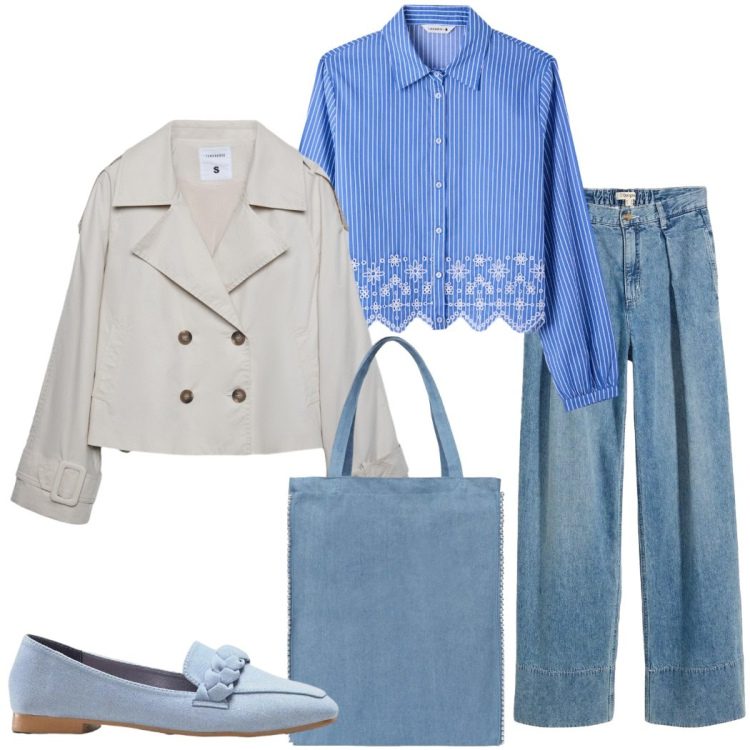 Outfit donna - Primavera curvy. Stile Urban per Tutti i giorni. Abbinamento con jeans, mocassini, caban, camicie, borse tote.