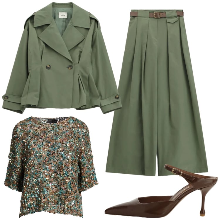 Outfit donna - Verde a primavera. Stile Glamour per Ufficio. Abbinamento con pullovers, blazer, pantaloni a palazzo, décolleté.