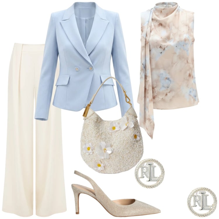 Outfit donna - Fiori pastello. Stile Bon Ton per Cerimonia. Abbinamento con décolleté, top, blazer, pantaloni a palazzo, pochette, orecchini.